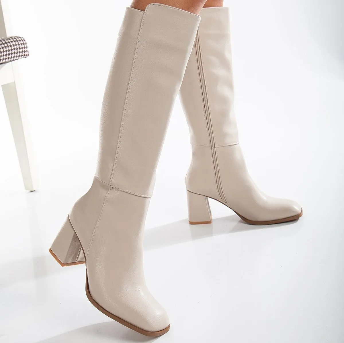 Adele - Beige Knee High Boots