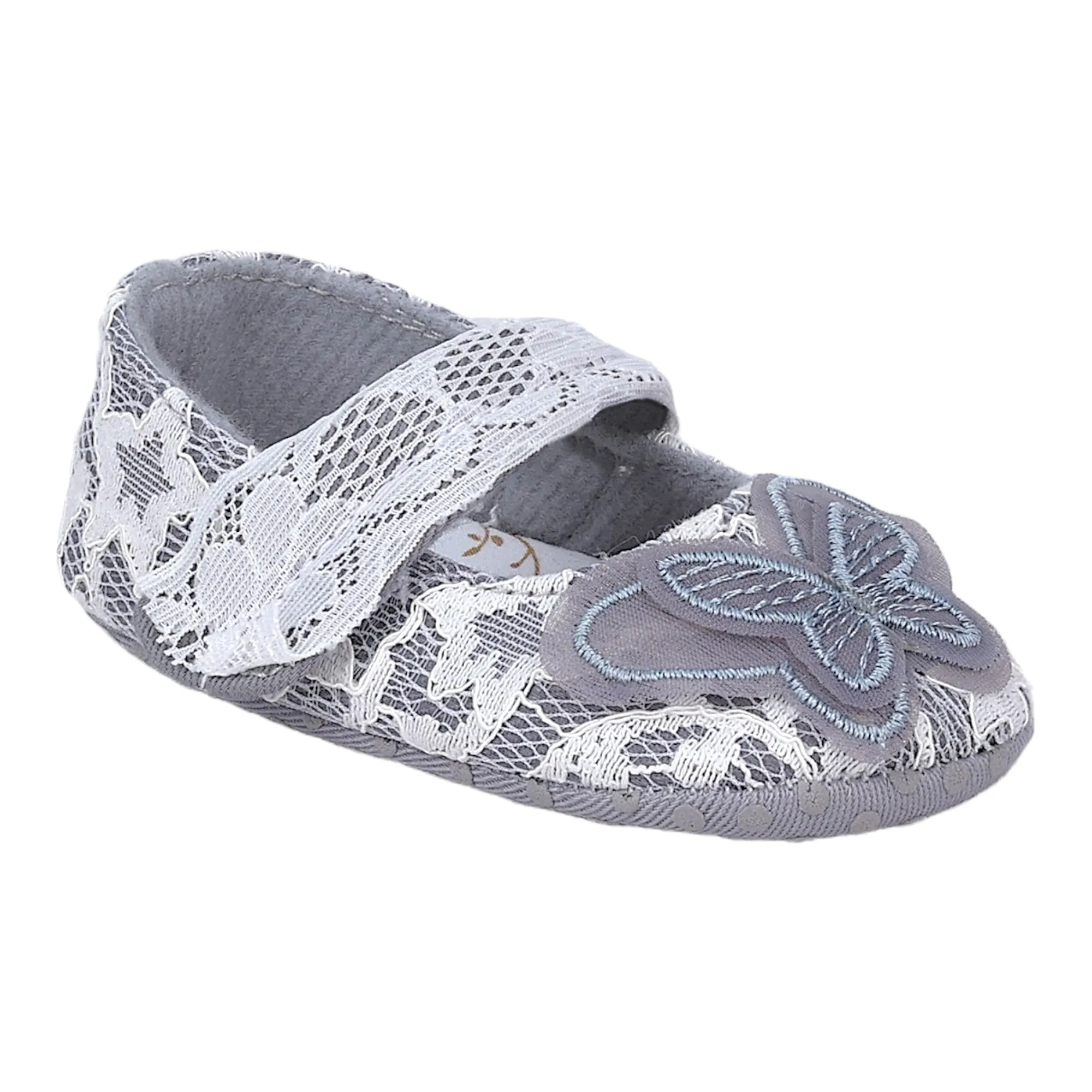 Baby Moo Embellished Butterfly Velcro Strap Lace Ballerina Booties - Silver