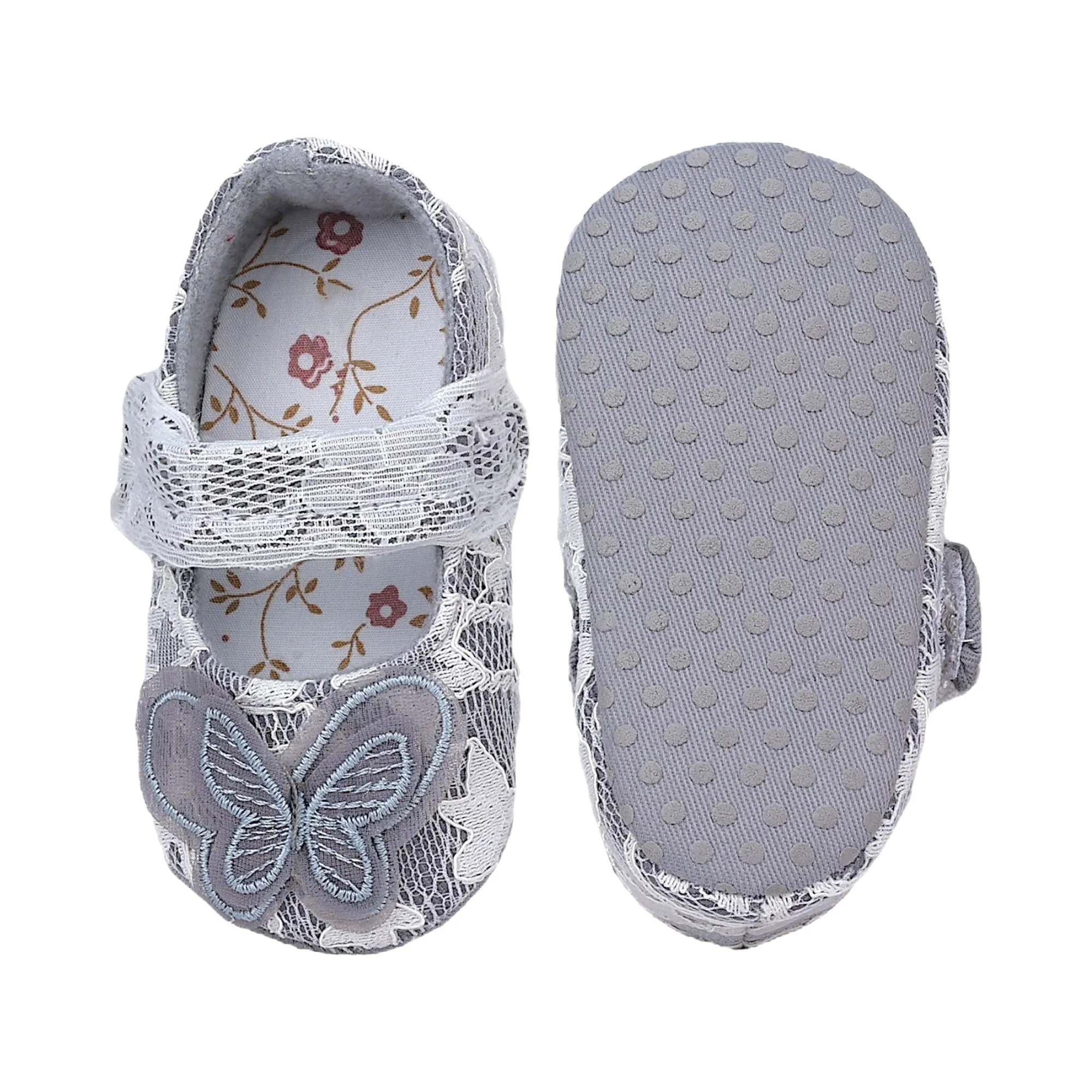 Baby Moo Embellished Butterfly Velcro Strap Lace Ballerina Booties - Silver