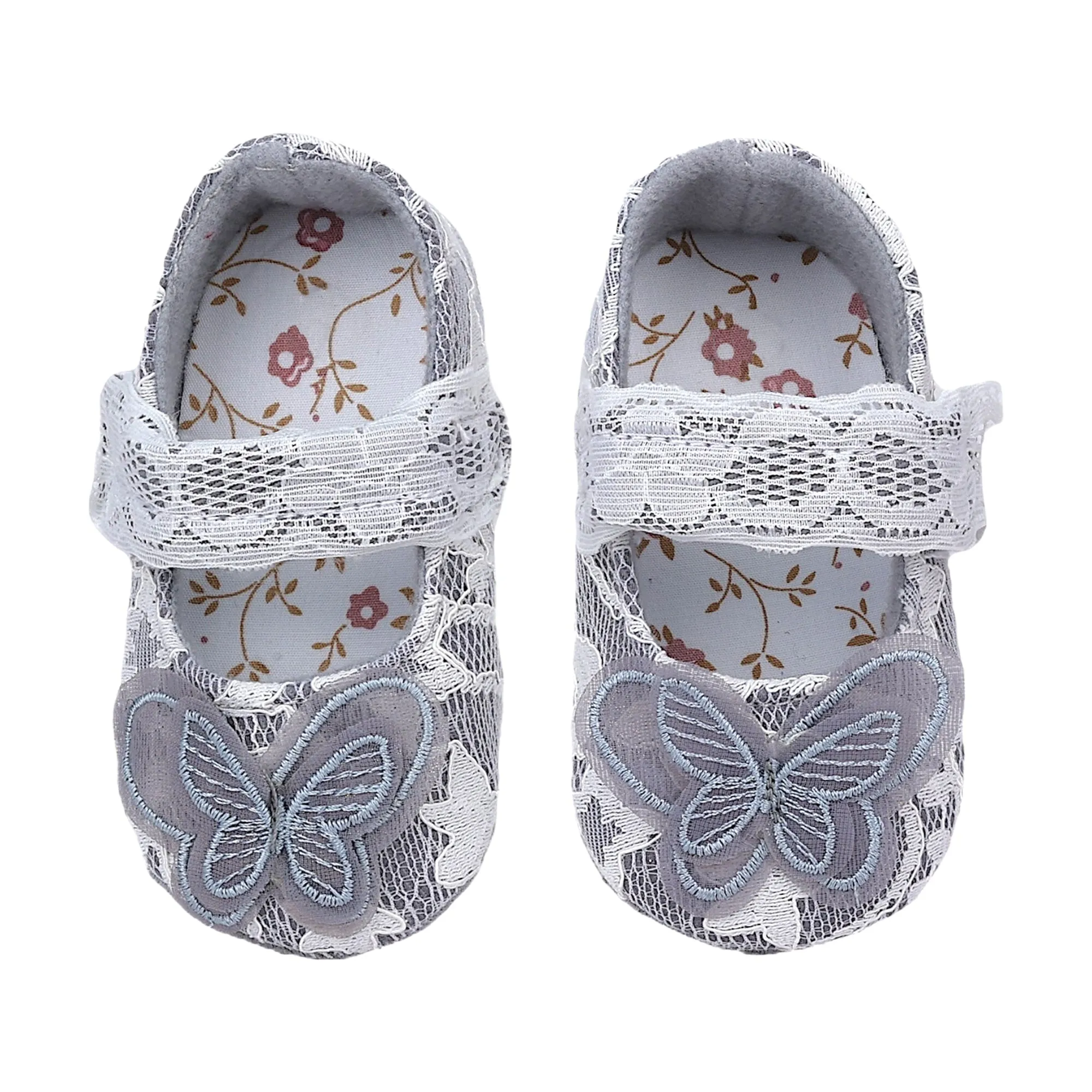 Baby Moo Embellished Butterfly Velcro Strap Lace Ballerina Booties - Silver