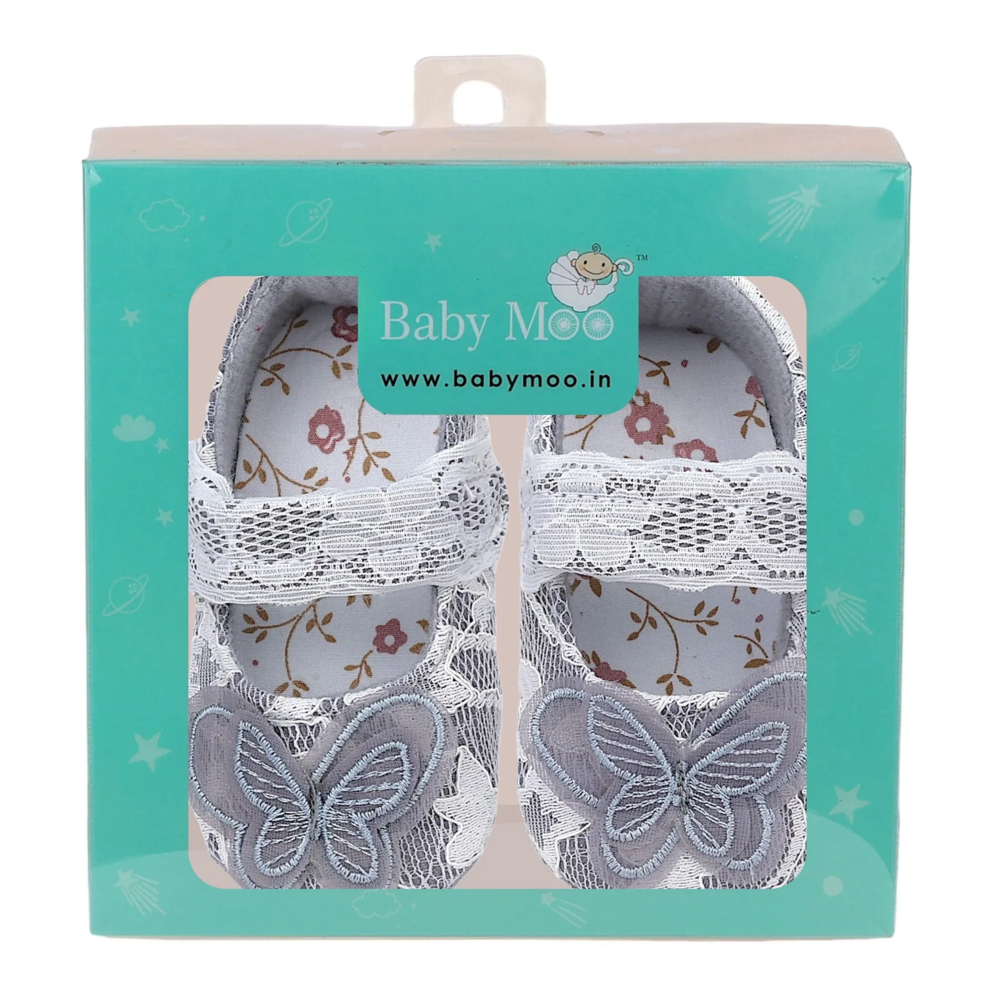 Baby Moo Embellished Butterfly Velcro Strap Lace Ballerina Booties - Silver