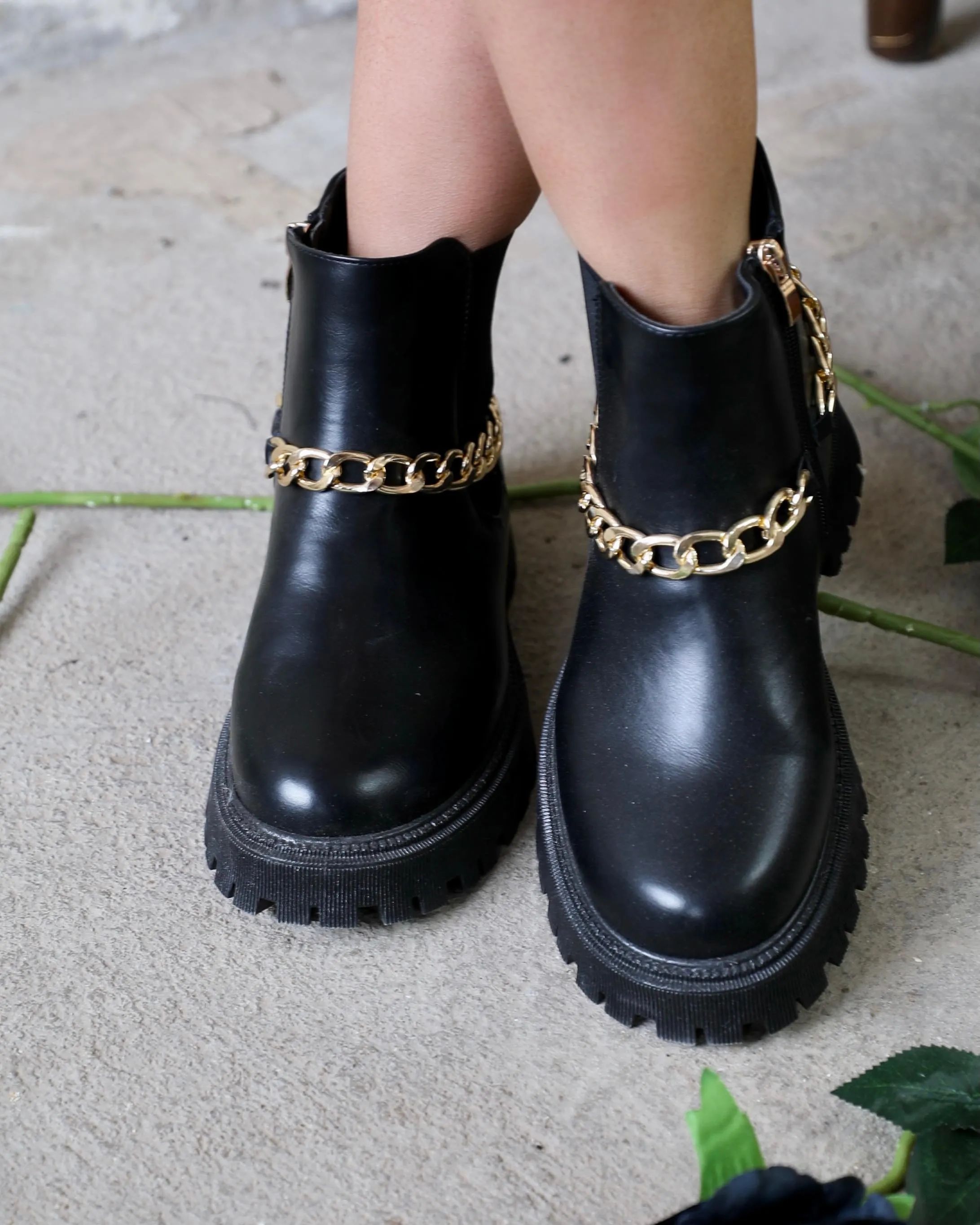 Black Chunky Gold Ankle Chain Booties