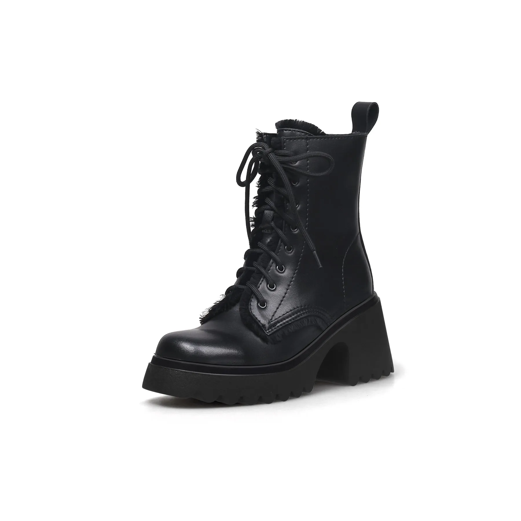 Black Fringe Lace Up Combat Boots