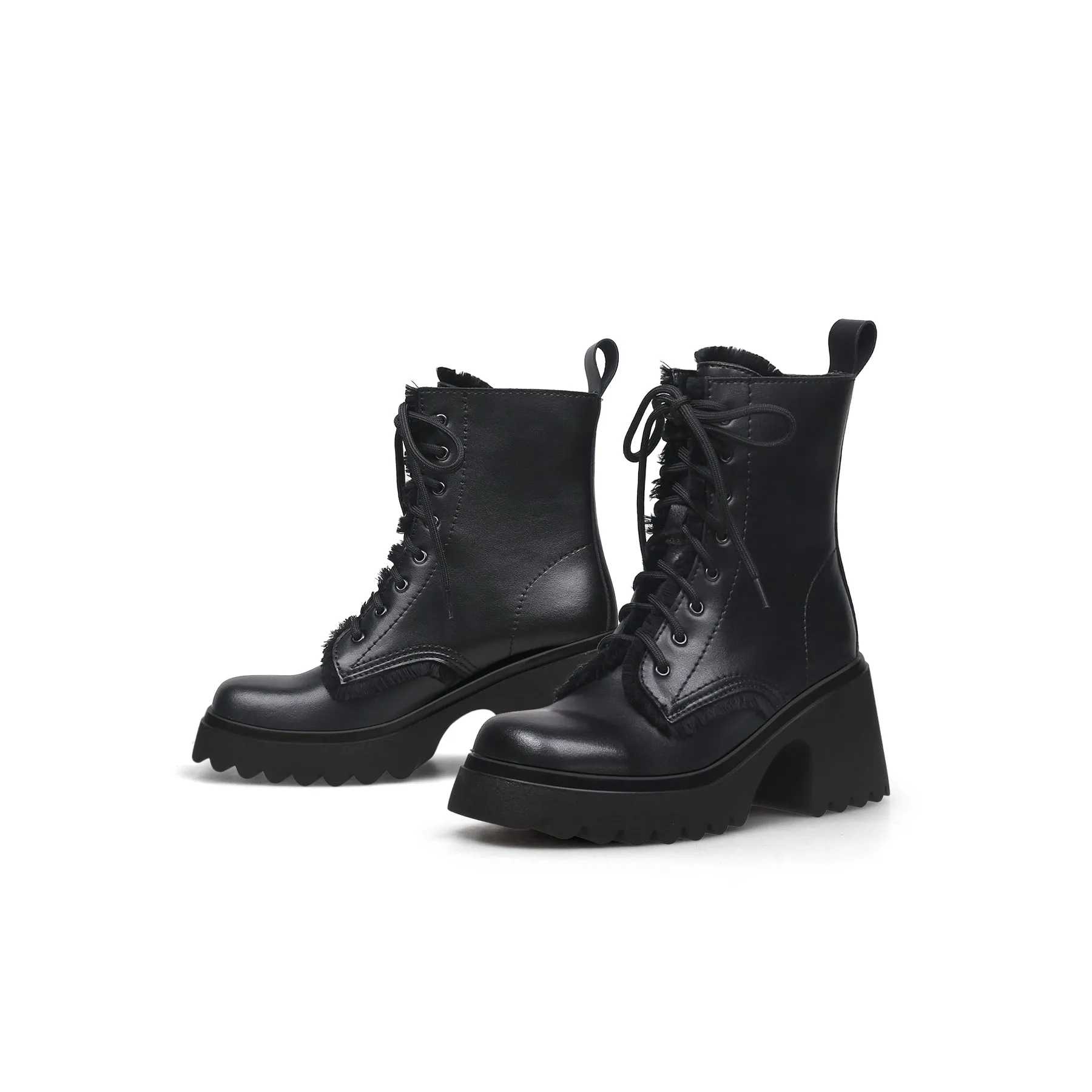 Black Fringe Lace Up Combat Boots