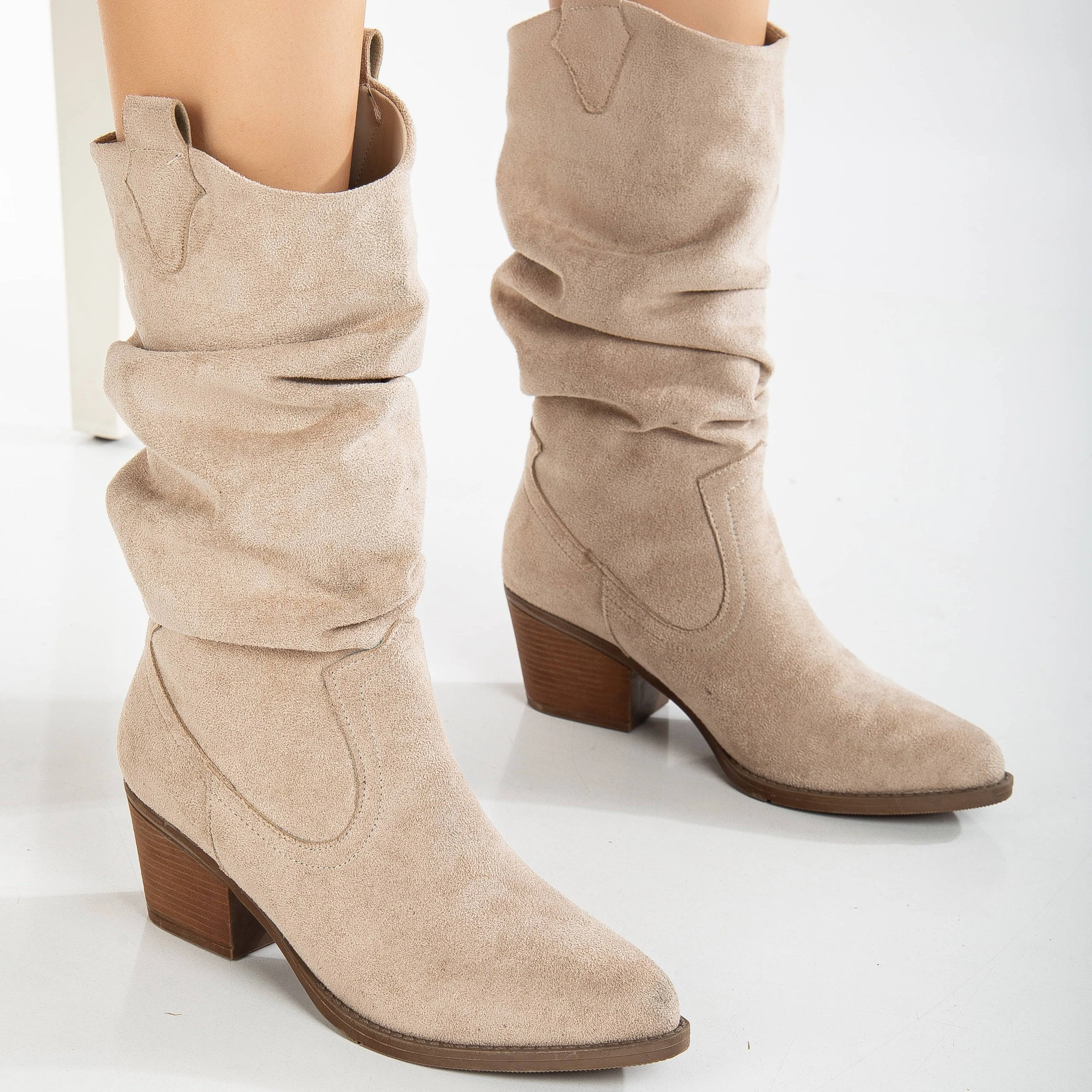 Bonnie - Beige Suede Slouch Western Boots