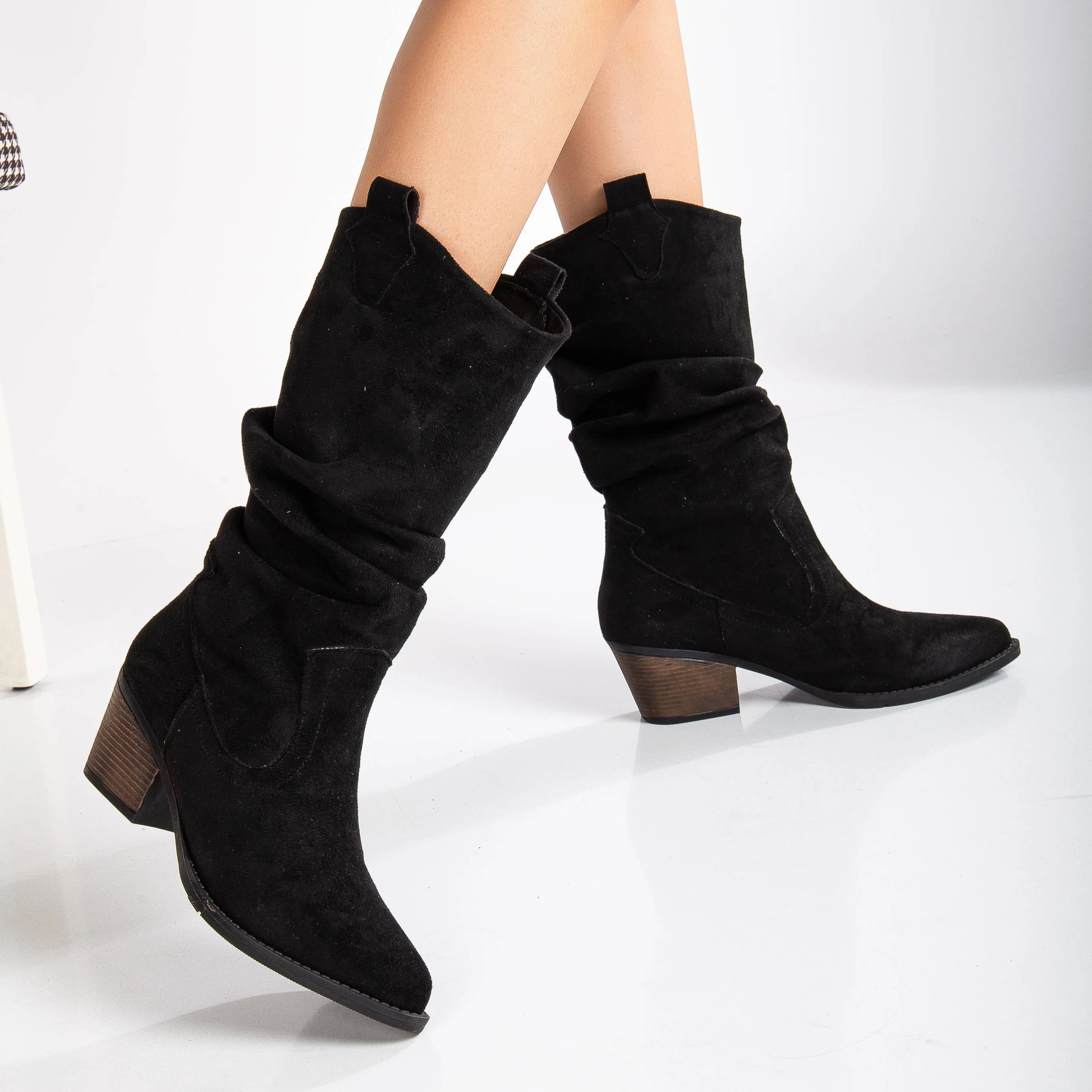 Bonnie - Black Suede Slouch Western Boots