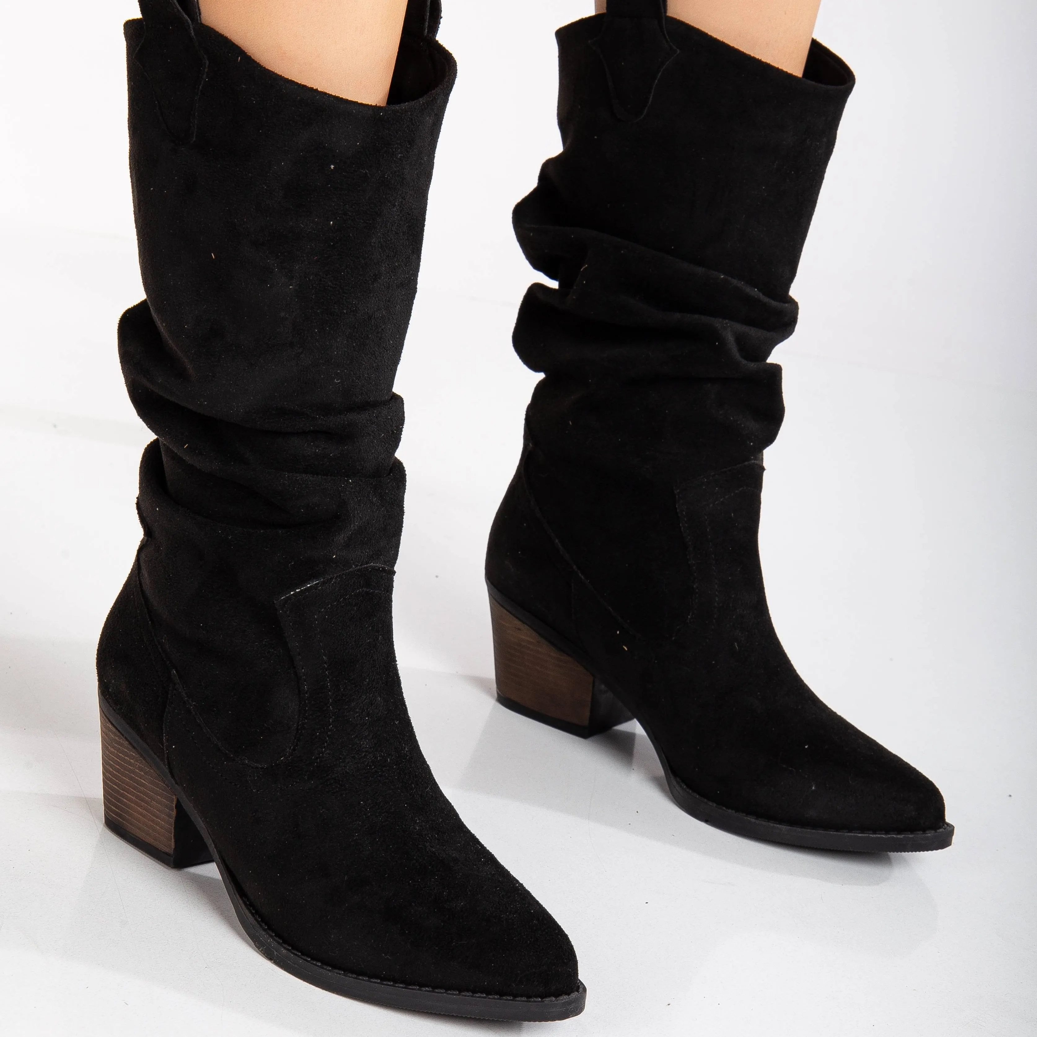 Bonnie - Black Suede Slouch Western Boots