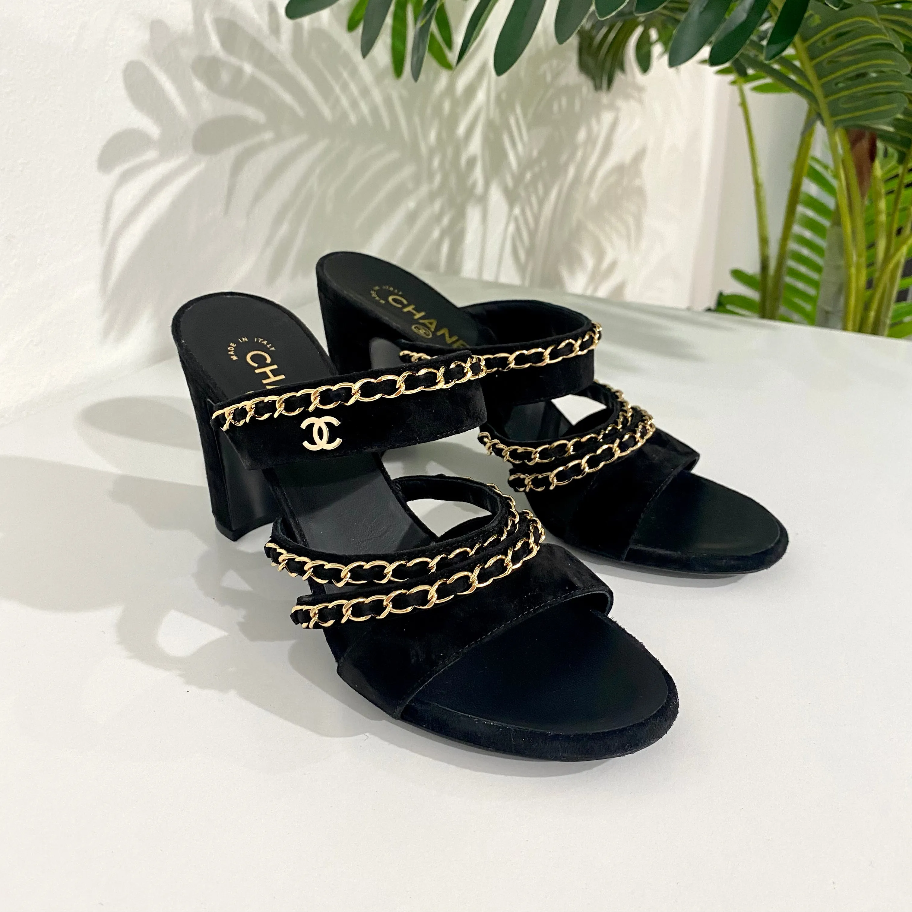 Chanel Black and Gold Chain Sandals