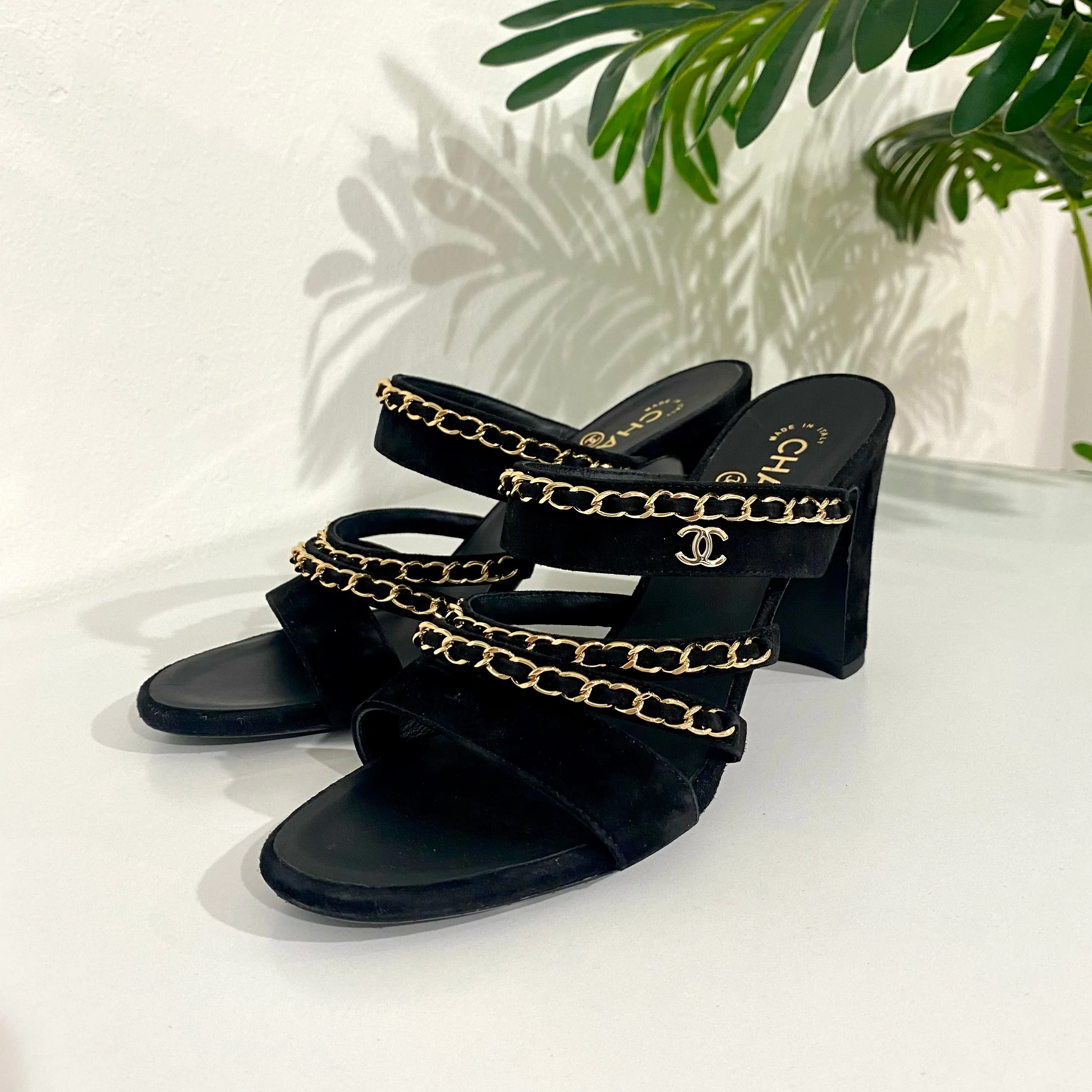 Chanel Black and Gold Chain Sandals