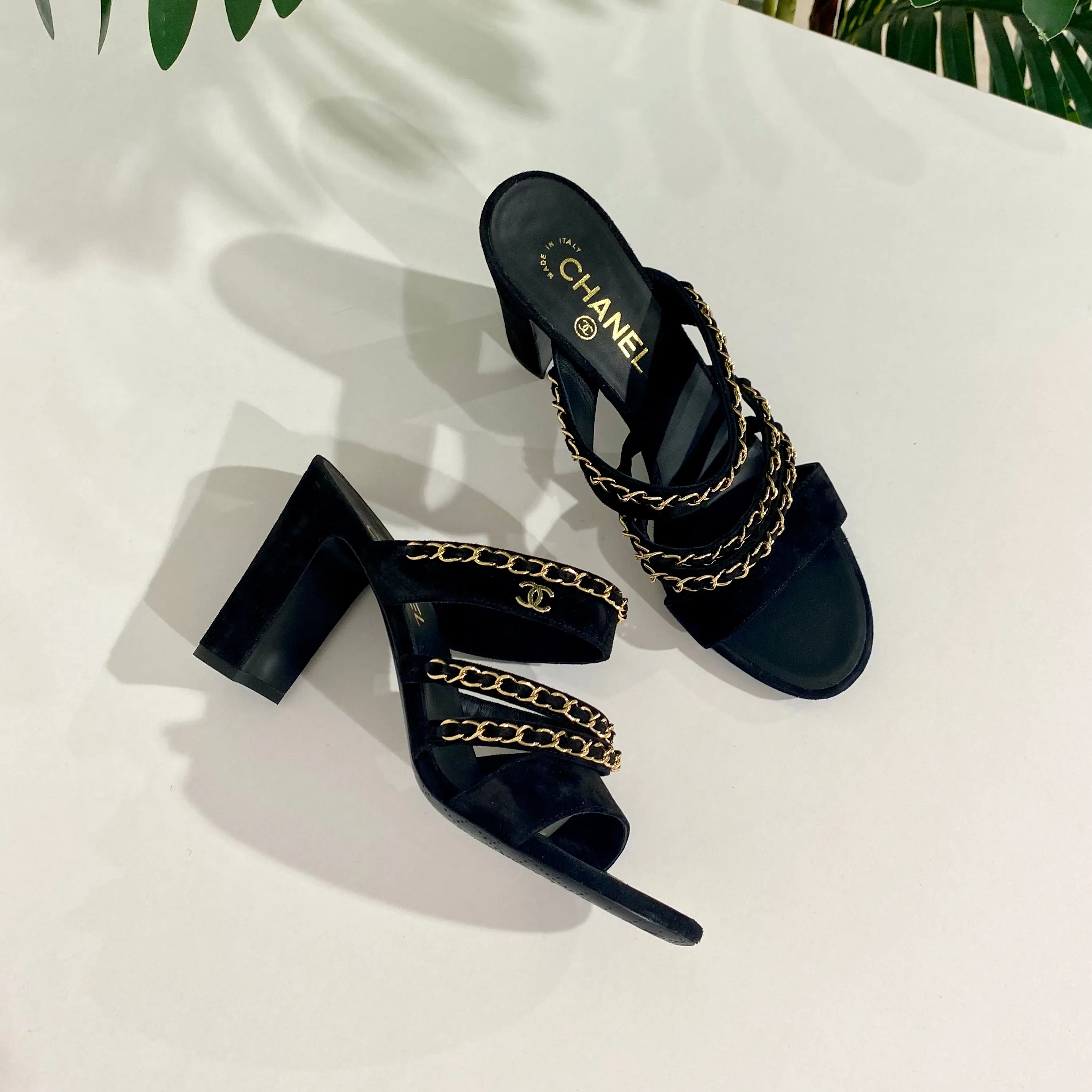 Chanel Black and Gold Chain Sandals