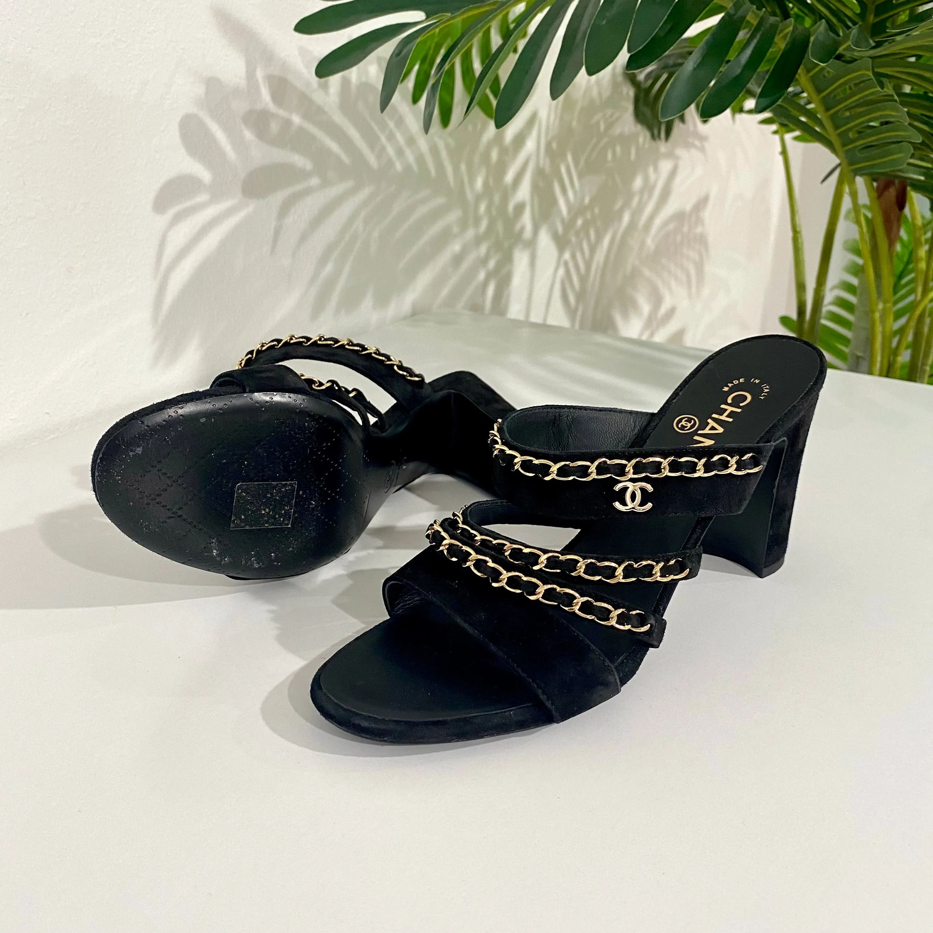 Chanel Black and Gold Chain Sandals