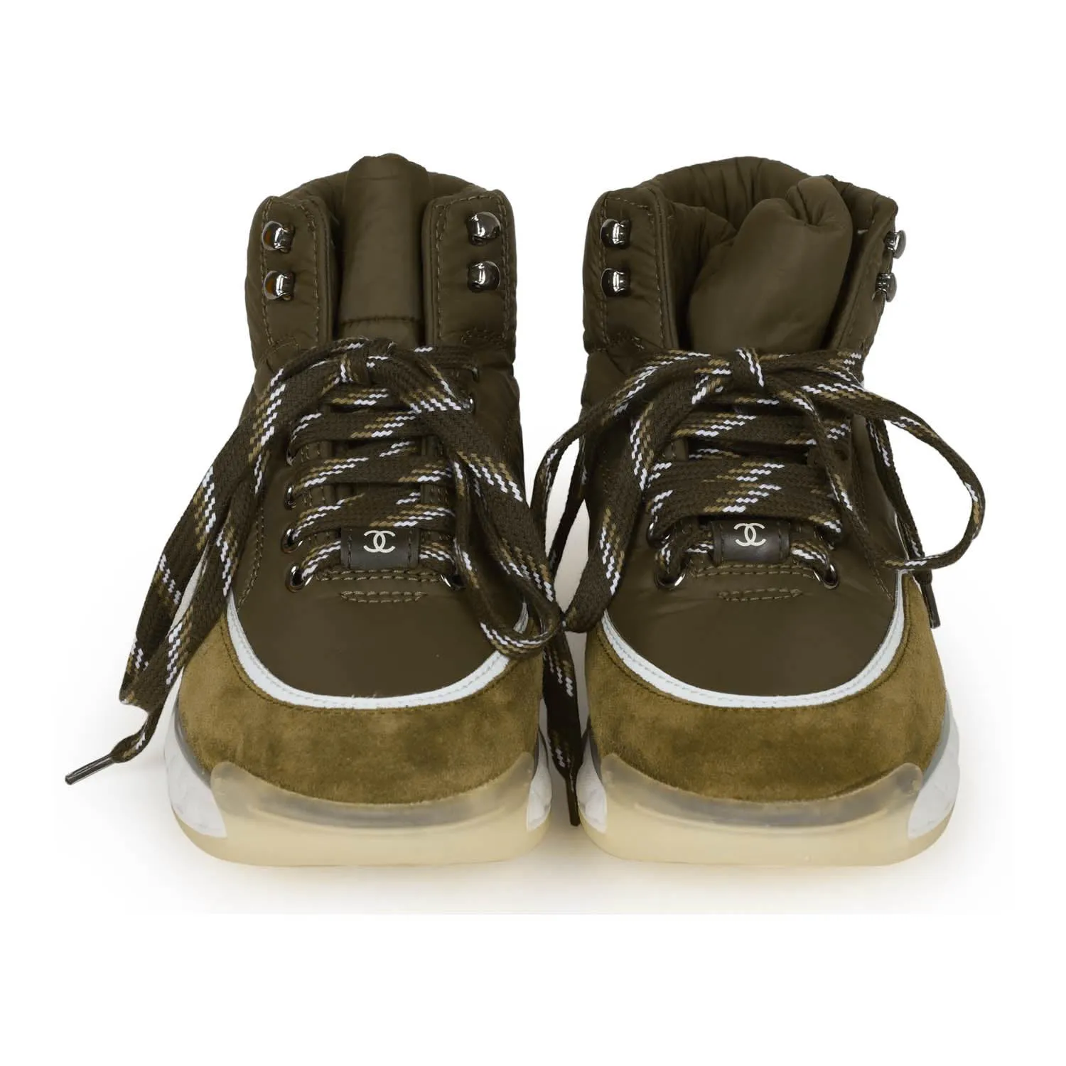 Chanel CC Hightop Winter Sneakers Olive Green Nylon and Suede 35