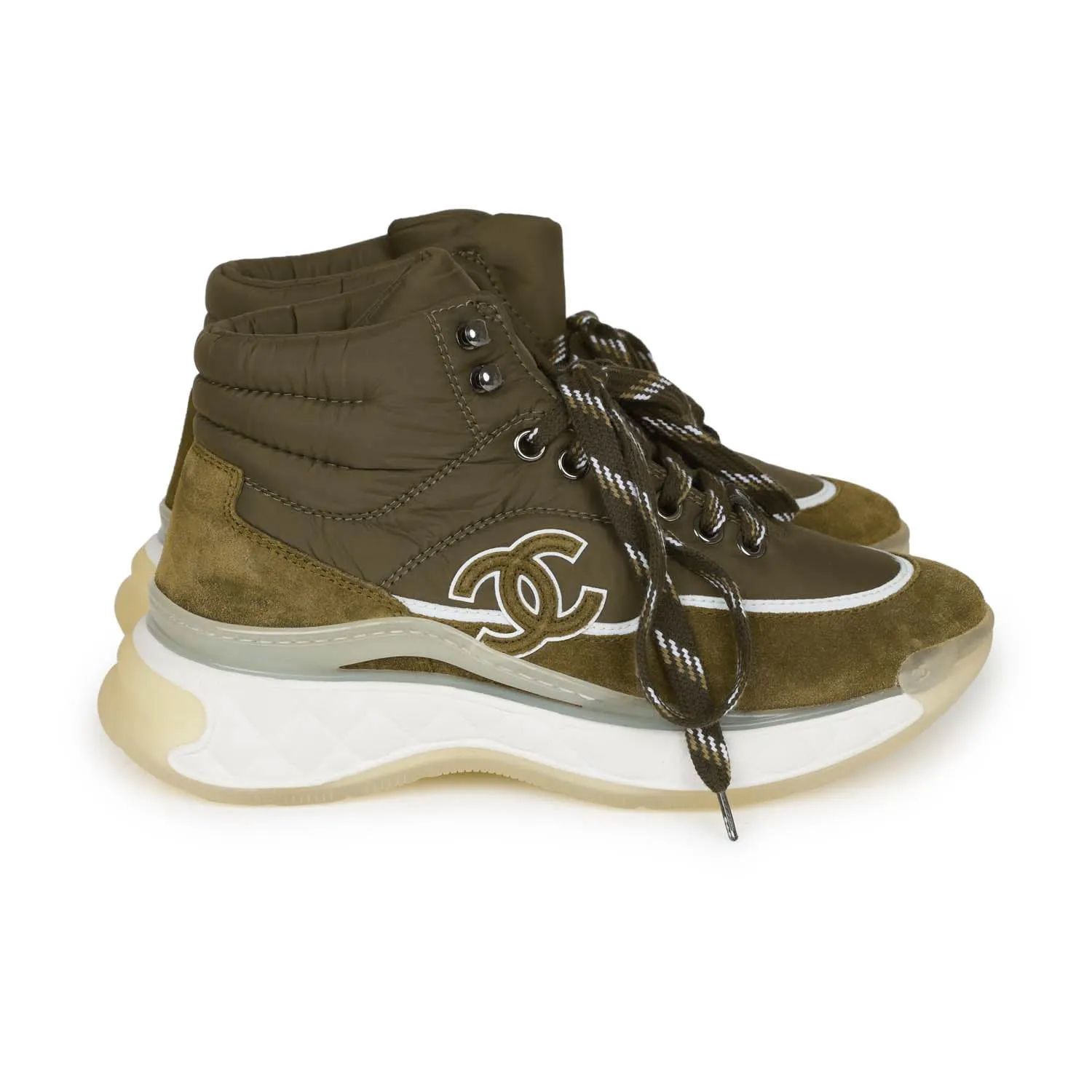 Chanel CC Hightop Winter Sneakers Olive Green Nylon and Suede 35