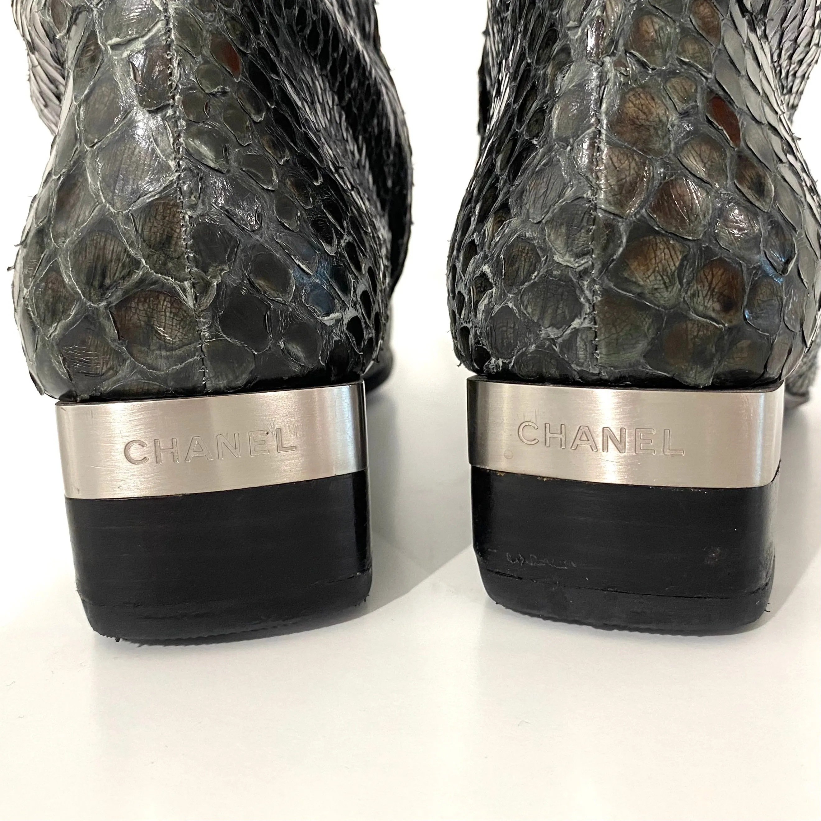 Chanel Grey Snakeskin Boots