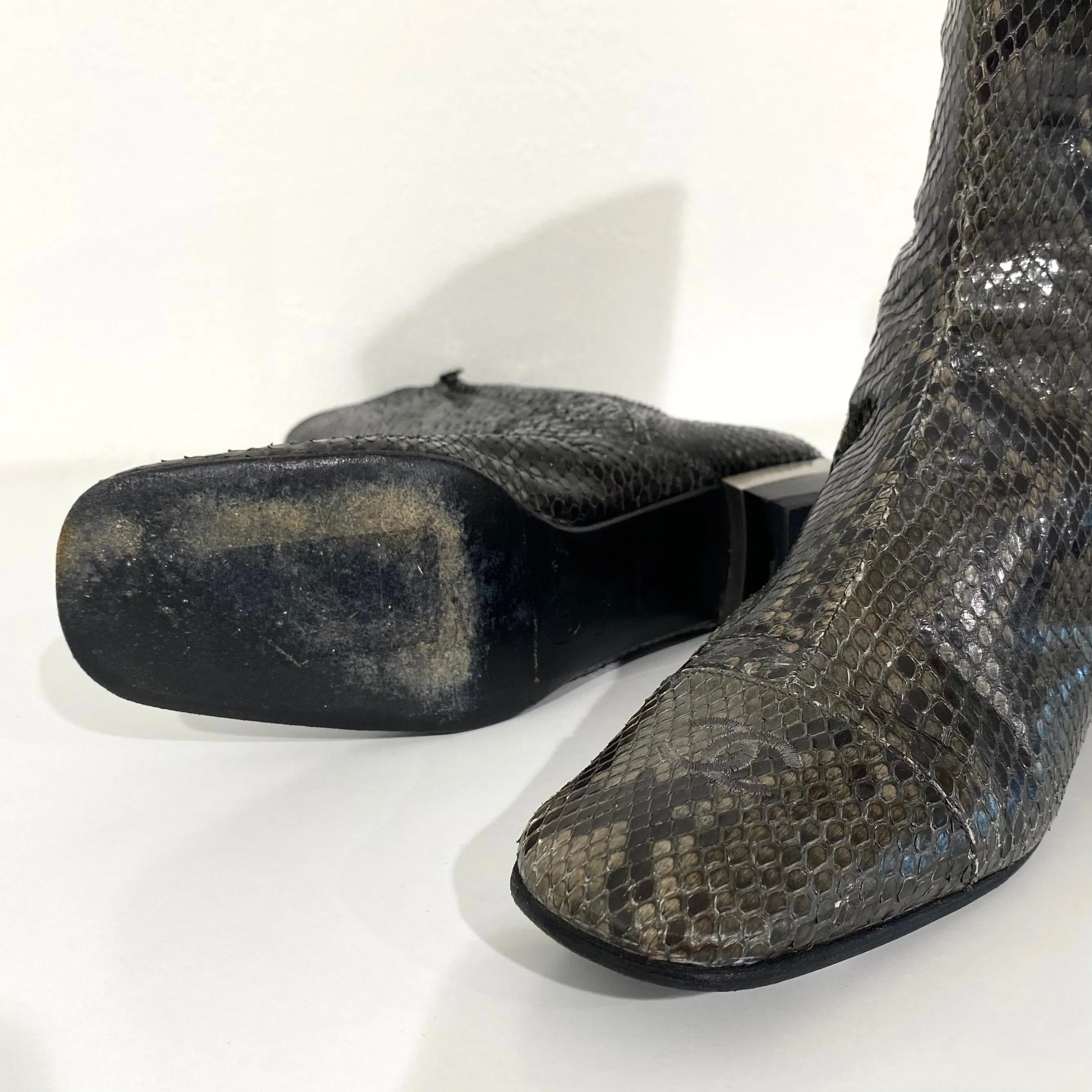 Chanel Grey Snakeskin Boots