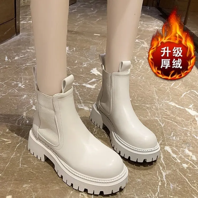 DEANWANGKT Christmas Gift  New Chunky Boots Fashion Platform Women Ankle Female Sole Pouch Ankle Botas Mujer Round Toe Slip-On Botas Altas Mujer