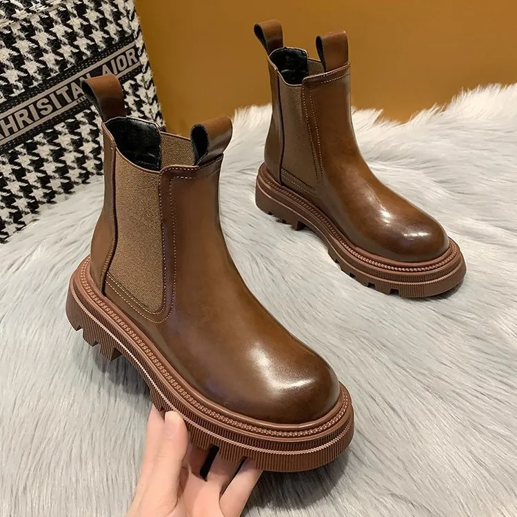 DEANWANGKT Christmas Gift  New Chunky Boots Fashion Platform Women Ankle Female Sole Pouch Ankle Botas Mujer Round Toe Slip-On Botas Altas Mujer