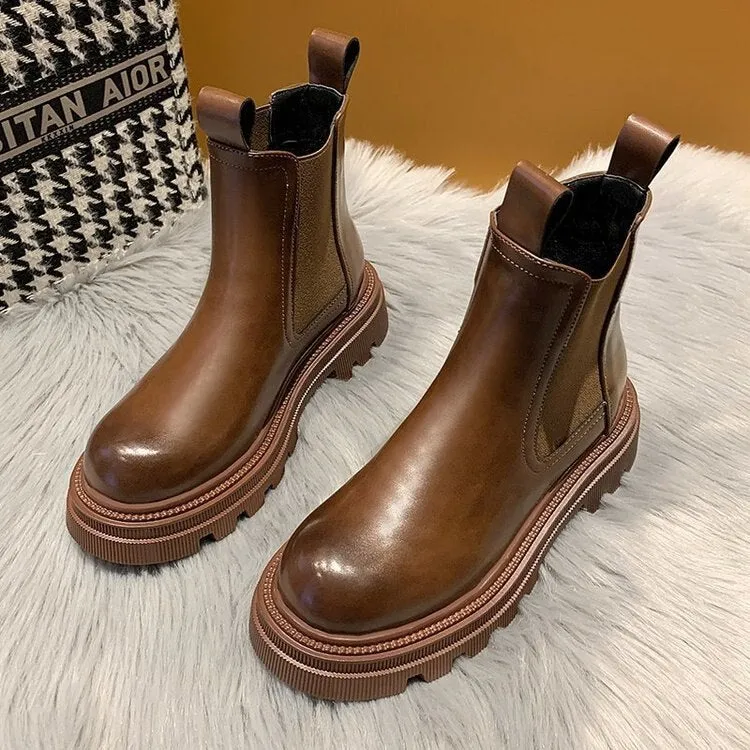 DEANWANGKT Christmas Gift  New Chunky Boots Fashion Platform Women Ankle Female Sole Pouch Ankle Botas Mujer Round Toe Slip-On Botas Altas Mujer