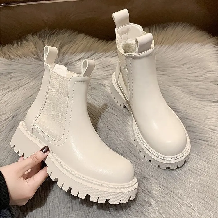 DEANWANGKT Christmas Gift  New Chunky Boots Fashion Platform Women Ankle Female Sole Pouch Ankle Botas Mujer Round Toe Slip-On Botas Altas Mujer