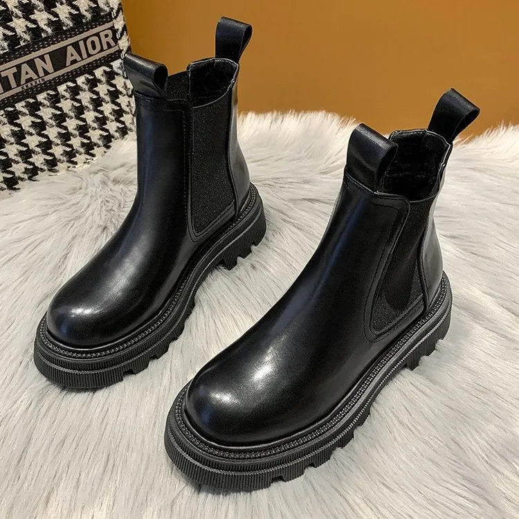 DEANWANGKT Christmas Gift  New Chunky Boots Fashion Platform Women Ankle Female Sole Pouch Ankle Botas Mujer Round Toe Slip-On Botas Altas Mujer