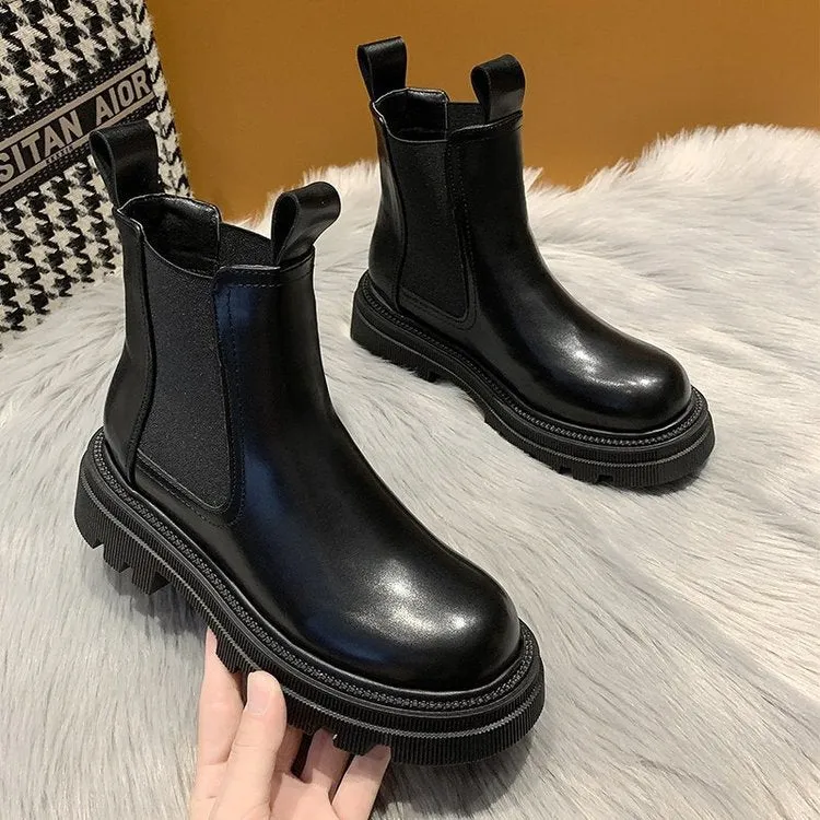 DEANWANGKT Christmas Gift  New Chunky Boots Fashion Platform Women Ankle Female Sole Pouch Ankle Botas Mujer Round Toe Slip-On Botas Altas Mujer