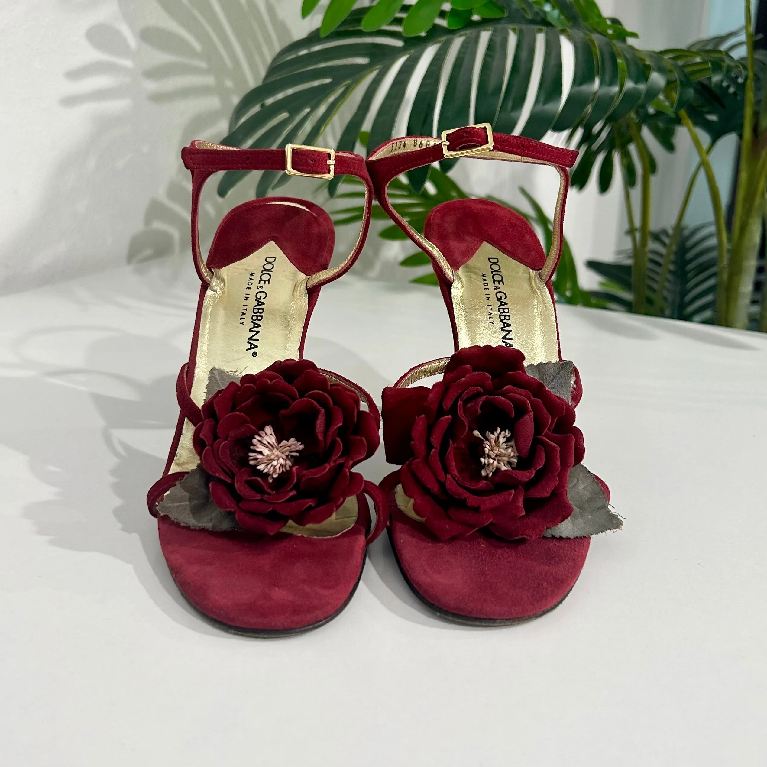 Dolce & Gabbana Red Suede Flower Heels