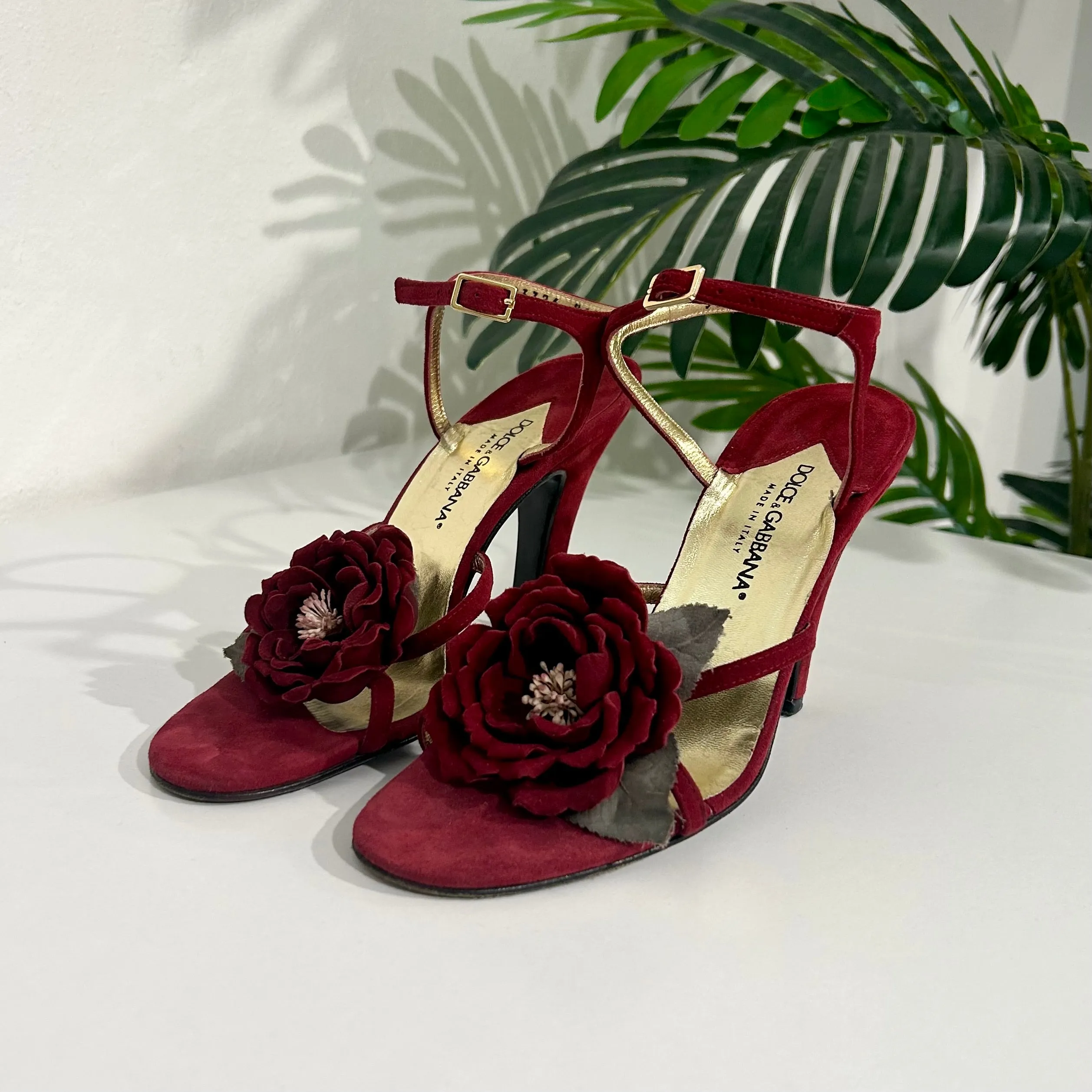 Dolce & Gabbana Red Suede Flower Heels