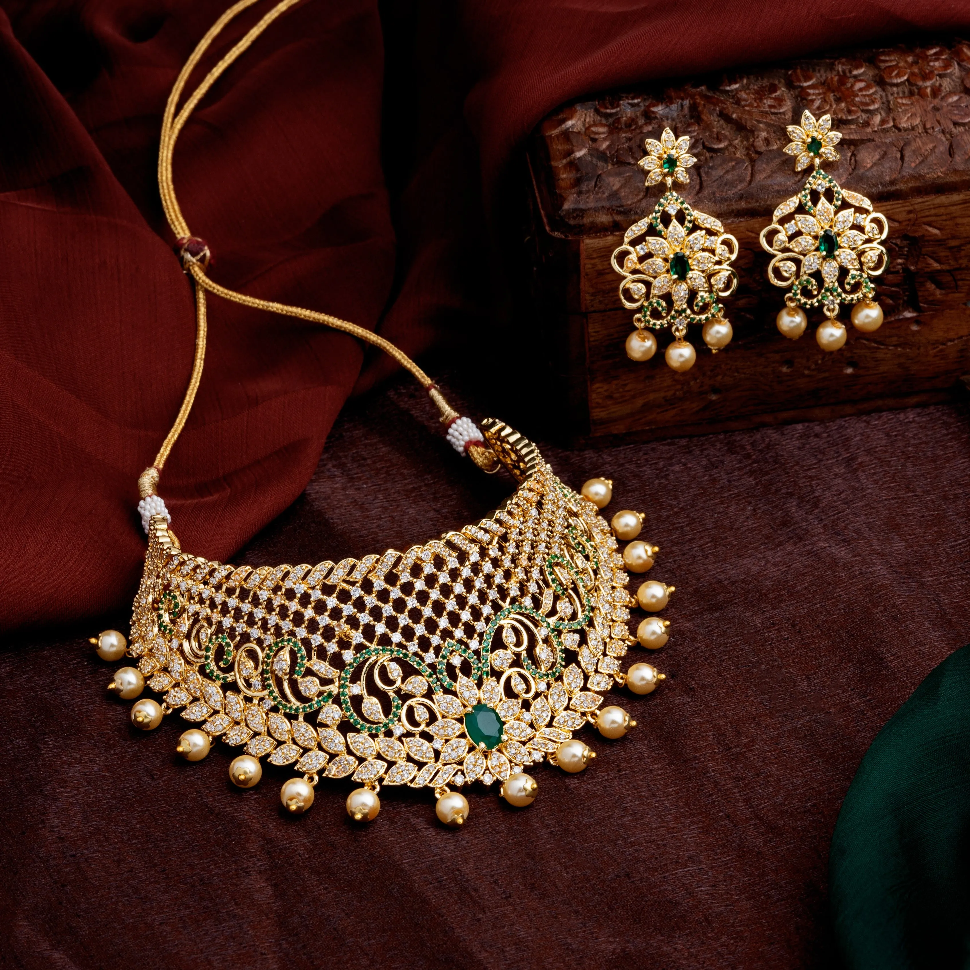 Estele Gold Plated CZ Grand & Gorgeous Bridal Choker Set with Pearls & Green Stones for Women