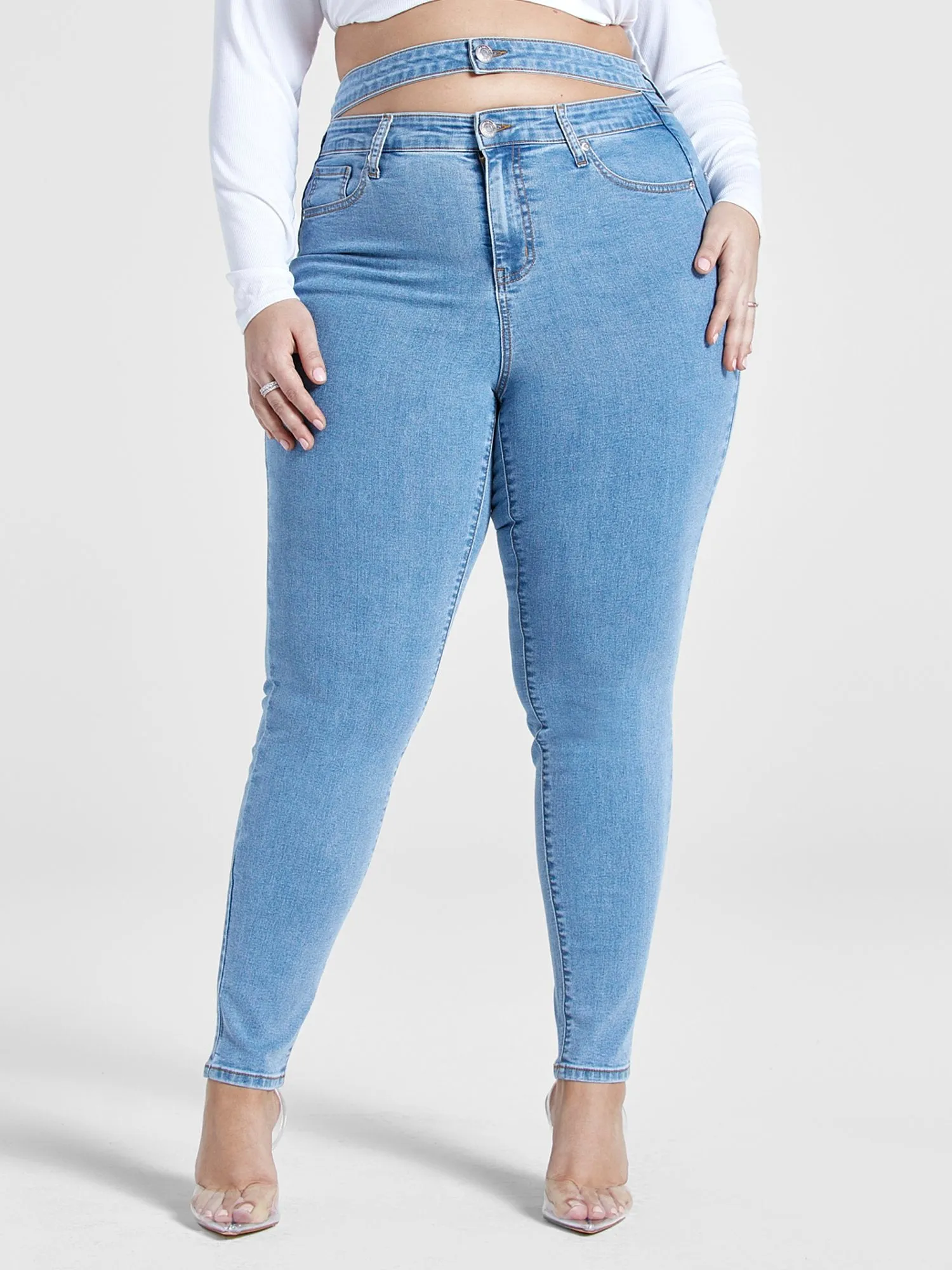 High Rise Double Waistband Cutout Skinny Jeans