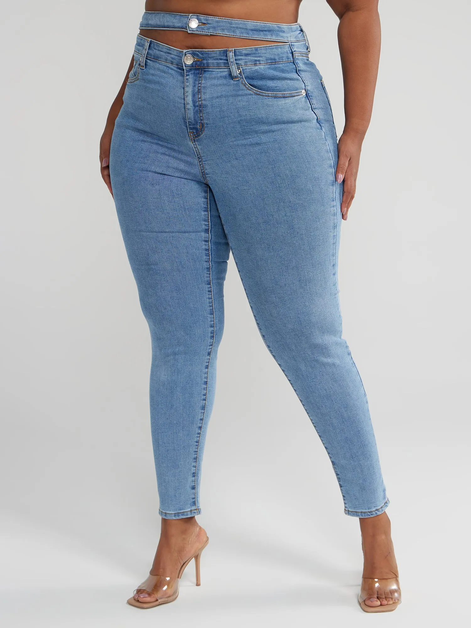 High Rise Double Waistband Cutout Skinny Jeans