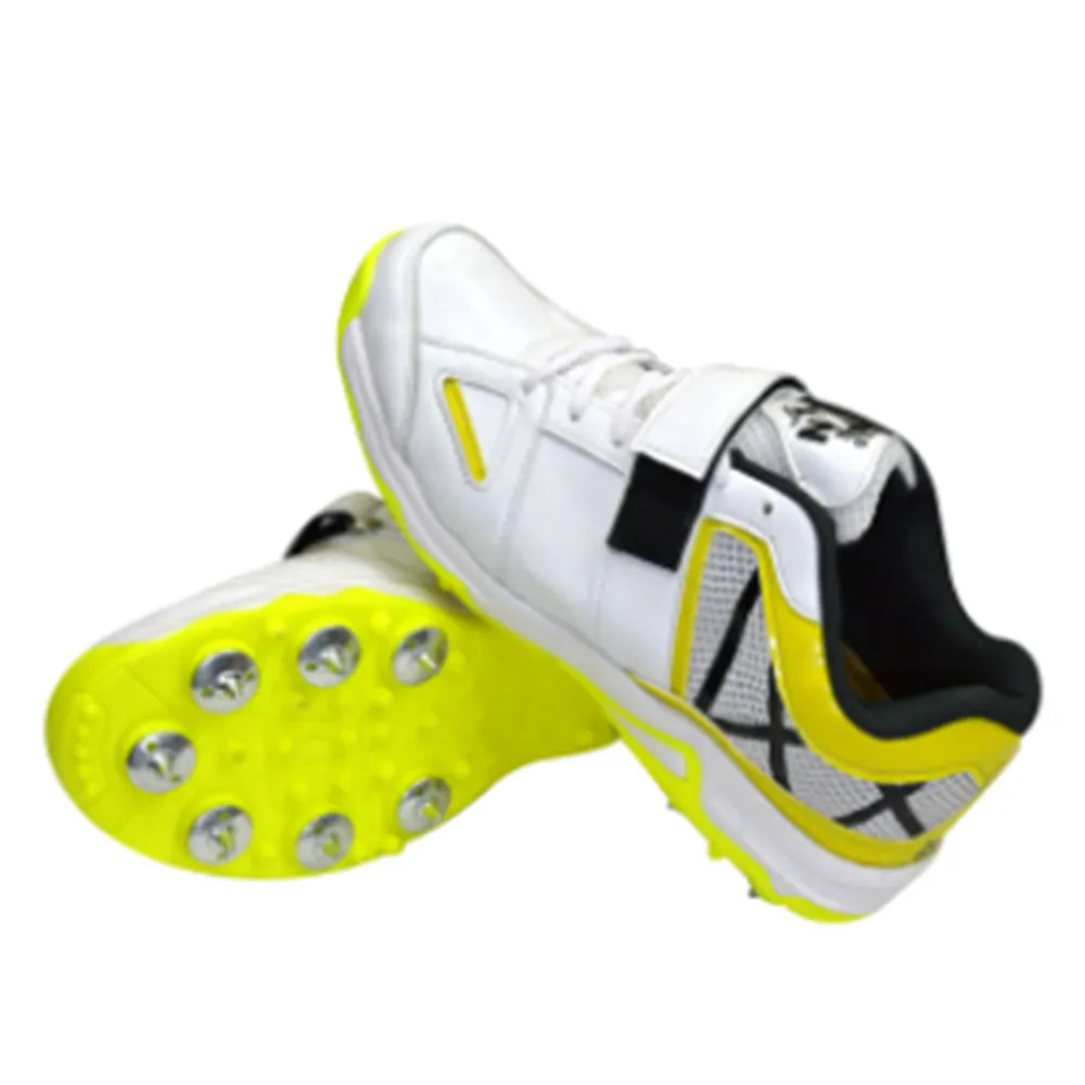 RXN Hattrick Spikes Cricket Shoes (White/Yellow/Black)
