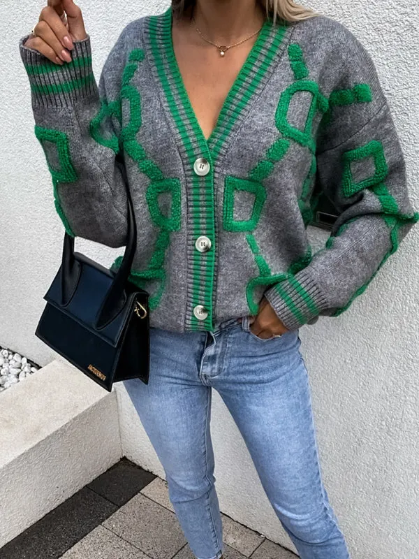 Women's Contrast Single-Breasted Drop-Sleeve Sleeve Sweater Cardigan