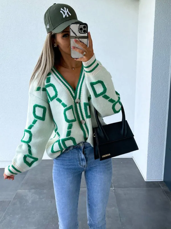 Women's Contrast Single-Breasted Drop-Sleeve Sleeve Sweater Cardigan
