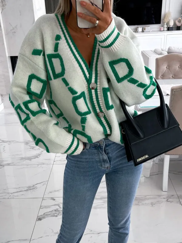 Women's Contrast Single-Breasted Drop-Sleeve Sleeve Sweater Cardigan