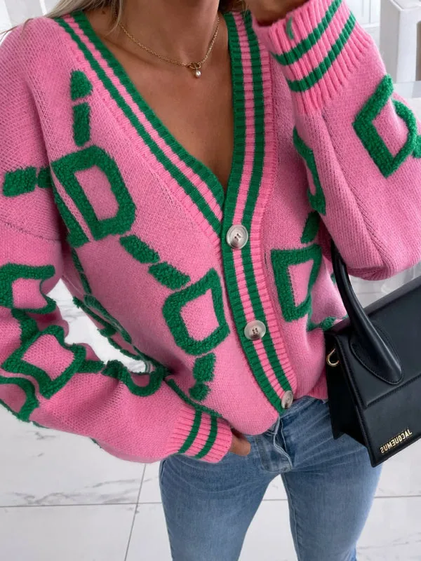 Women's Contrast Single-Breasted Drop-Sleeve Sleeve Sweater Cardigan