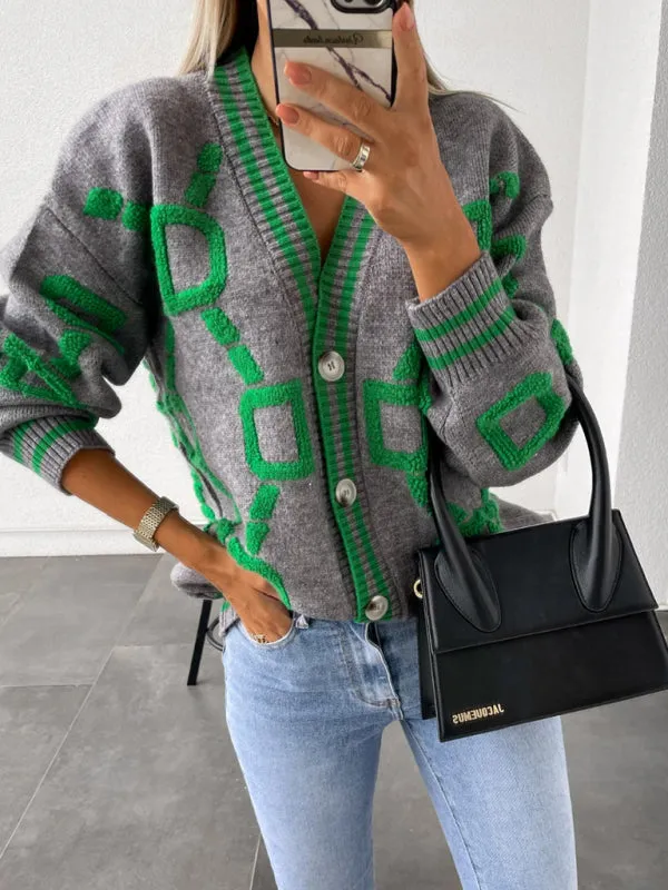 Women's Contrast Single-Breasted Drop-Sleeve Sleeve Sweater Cardigan