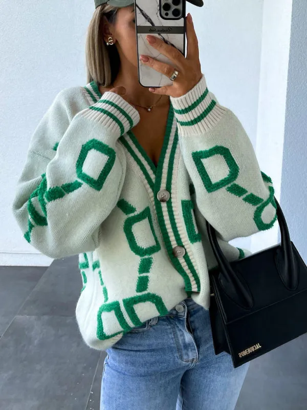 Women's Contrast Single-Breasted Drop-Sleeve Sleeve Sweater Cardigan