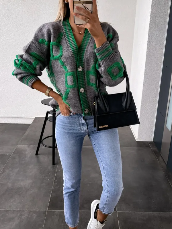 Women's Contrast Single-Breasted Drop-Sleeve Sleeve Sweater Cardigan