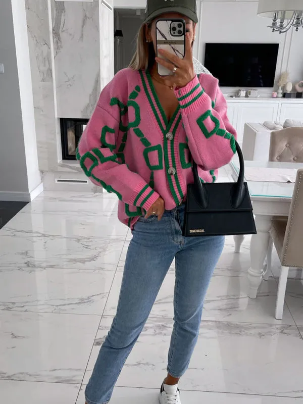 Women's Contrast Single-Breasted Drop-Sleeve Sleeve Sweater Cardigan