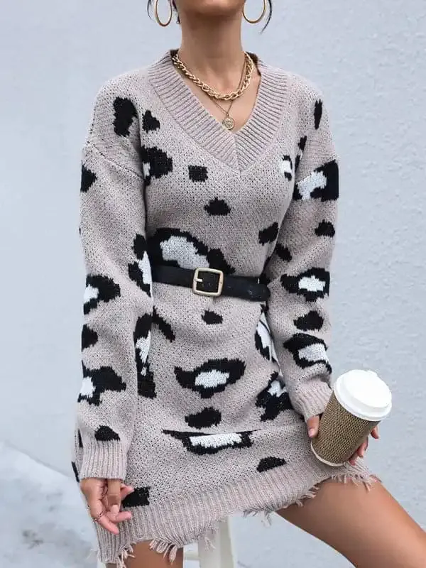 Women’s knitted long-sleeved leopard print sweater dress (without belt)