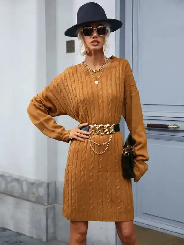 Women’s round neck casual stranded flower long sweater dress (without belt)