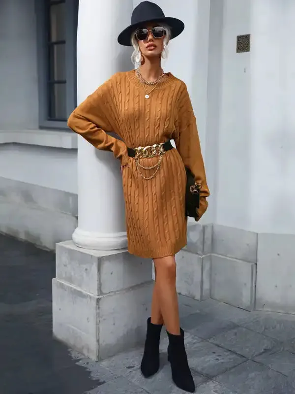 Women’s round neck casual stranded flower long sweater dress (without belt)
