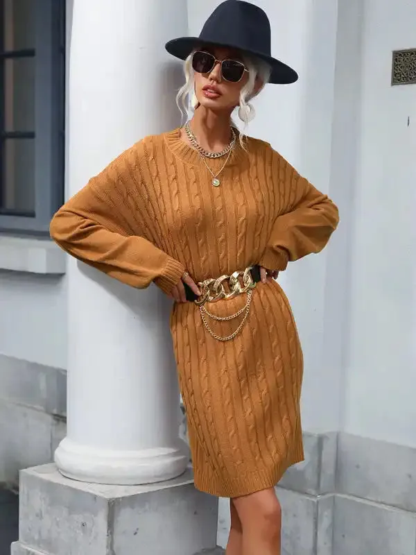 Women’s round neck casual stranded flower long sweater dress (without belt)