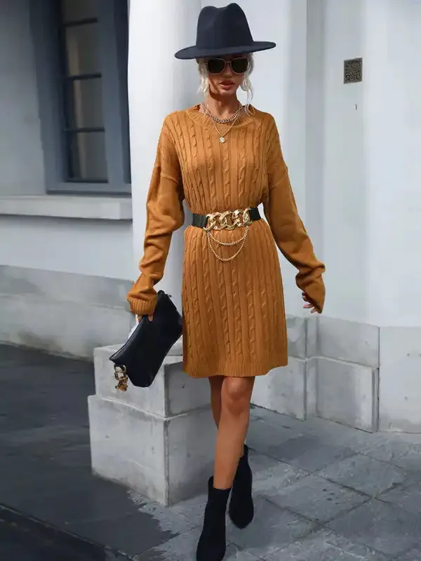 Women’s round neck casual stranded flower long sweater dress (without belt)