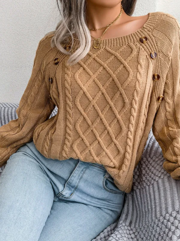 Women's Square Neck Button Twist Knit Pullover Sweater