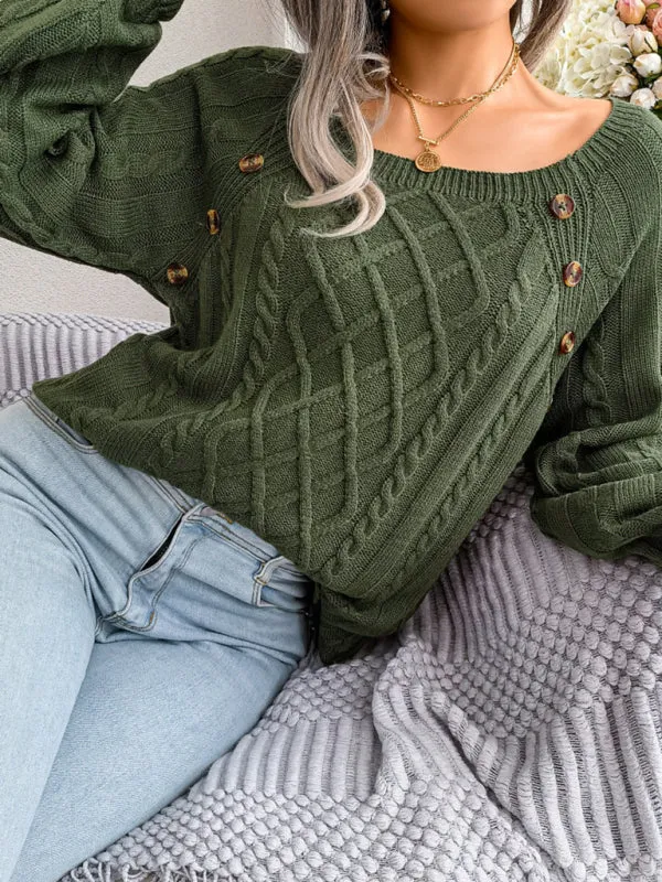 Women's Square Neck Button Twist Knit Pullover Sweater