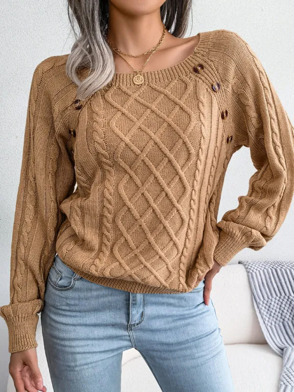 Women's Square Neck Button Twist Knit Pullover Sweater