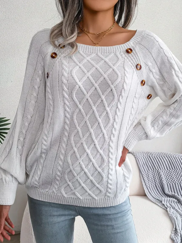 Women's Square Neck Button Twist Knit Pullover Sweater